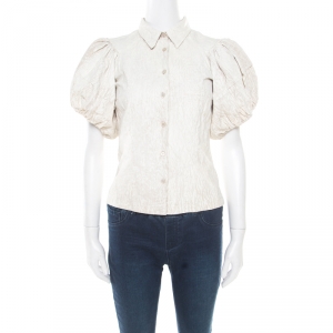 Prada Beige Coated Linen Puffed Sleeve Blouse S