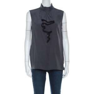 Prada Charcoal Grey Silk Crepe de Chine Ruffled Trim Sleeveless Top S