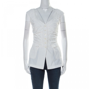 Prada Off White Cotton Ruched Front Cap Sleeve Blouse L 