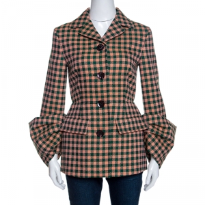 Prada Bicolor Checked Wool Exaggerated Sleeve Detail  Blazer S