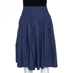 Prada Navy Blue Cotton Elasticized Waist Midi Skirt S