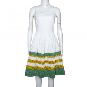 Prada White Cotton Striped Jacquard Trim Detail Flared Sleeveless Dress M 