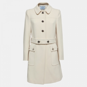 Prada Cream Wool Belted Mid Length Coat M