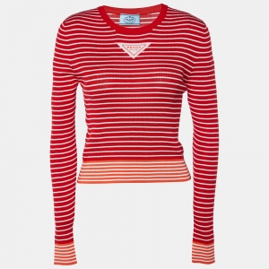 Prada Red/White Striped Knit Long Sleeve Top M