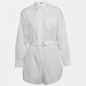 Prada White Cotton Poplin Belted Shirt Style Playsuit XS