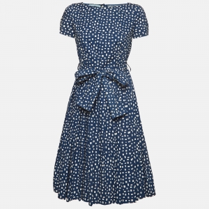 Prada Navy Blue Geometric Print Cotton Pleated Mini Dress S  