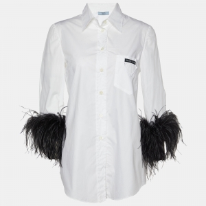 Prada White Cotton Feather Trimmed Button Front Shirt S