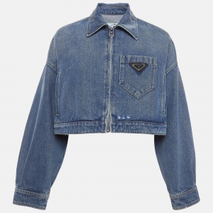 Prada Blue Logo Triangle Denim Cropped Jacket XS