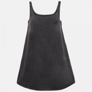 Prada Black Metal Triangle Logo Denim Mini Shift Dress S