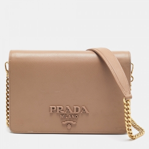 Pre Owned Prada Beige Saffiano Leather Wallet on Chain