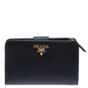 Pre Owned Prada Black Saffiano Metal Leather Zippy Wallet