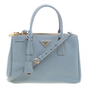 Pre Owned Prada Mint Blue Saffiano Lux Leather Small Double Zip Tote