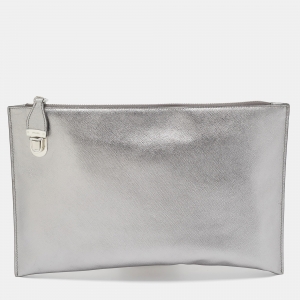 Prada Silver Saffiano Lux Leather Push Lock Clutch