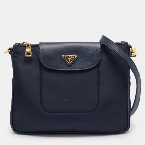 Prada Navy Blue Tessuto Nylon and Leather Flap Crossbody Bag
