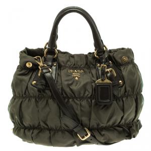 Pre Owned Prada Dark Green Gaufre Nylon Tote