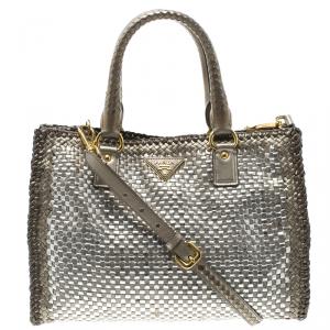 Pre Owned Prada Bronze/Silver Woven Leather Madras Tote