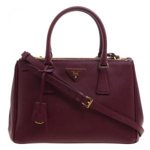Pre Owned Prada Burgundy Saffiano Lux Leather Double Zip Tote