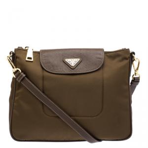 Pre Owned Prada Brown Tessuto Saffiano Crossbody Bag