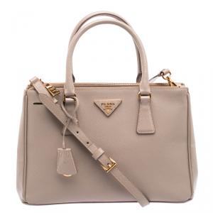 Pre Owned Prada Beige Saffiano Lux Leather Double Zip Tote