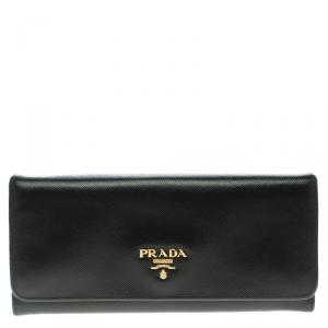 Pre Owned Prada Black Saffiano Metal Leather Continental Wallet