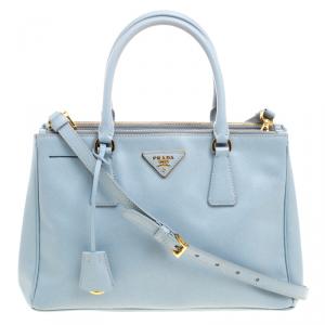 Pre Owned Prada Mint Blue Saffiano Lux Leather Small Double Zip Tote