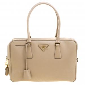 Prada Beige Saffiano Lux Leather Top Handle Bowling Bag
