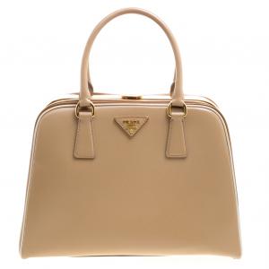 Pre Owned Prada Beige/Caramel Patent Leather Pyramid Frame Top Handle Bag