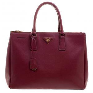 Pre Owned Prada Burgundy Saffiano Lux Leather Large Double Zip Tote