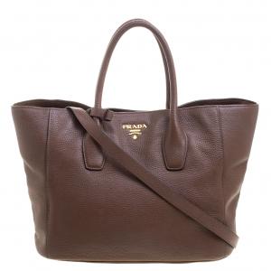 Pre Owned Prada Brown Vitello Daino Leather Shopper Tote