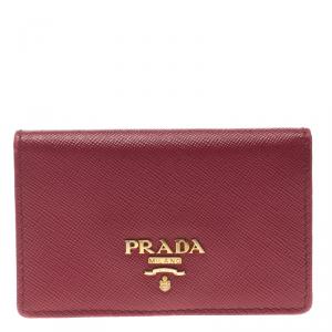 Pre Owned Prada Red Saffiano Metal Leather Business Card Holder