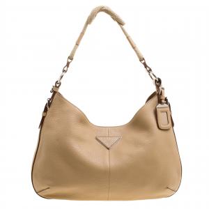 Pre Owned Prada Beige Vitello Daino Leather Rope Knot Hobo