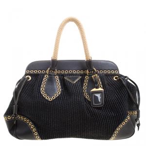 Pre Owned Prada Black Woven Straw and Leather Eyelet Frame Satchel