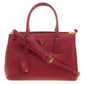 Pre Owned Prada Red Saffiano Lux Leather Double Zip Tote