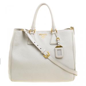 Pre Owned Prada Off White Vitello Daino Leather Shopper Tote