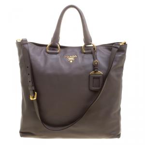 Pre Owned Prada Taupe Soft Leather Large Shopping Tote