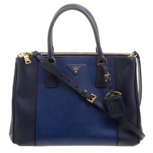 Pre Owned Prada Blue Bicolor Saffiano Lux Leather Medium Double Zip Tote