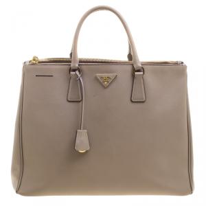 Pre Owned Prada Beige Saffiano Lux Leather Executive Double Zip Tote