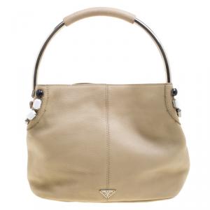 Pre Owned Prada Beige Leather Bead Embellished Hobo