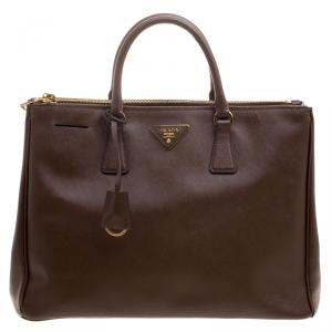 Pre Owned Prada Brown Saffiano Lux Leather Large Double Zip Tote