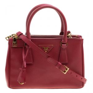 Pre Owned Prada Red Saffiano Lux Leather Mini Double Zip Tote