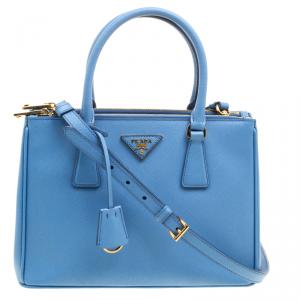 Pre Owned Prada Blue Saffiano Lux Leather Small Double Zip Tote