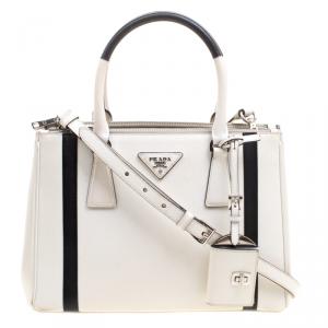 Pre Owned Prada White/Black Saffiano Lux Leather Small Double Zip Tote