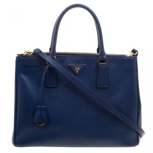 Pre Owned Prada Navy Blue Saffiano Lux Leather Medium Double Zip Tote