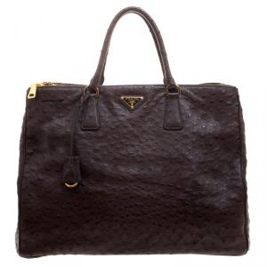 Pre Owned Prada Brown Ostrich Leather Executive Double Zip Tote