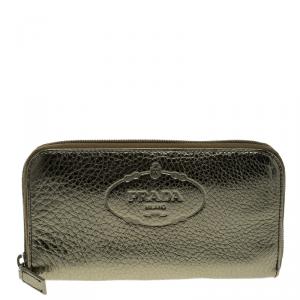 Pre Owned Prada Gold Leather Zip Around Wallet