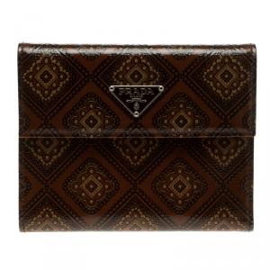 Pre Owned Prada Brown Printed Glossy Leather Compact Wallet