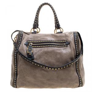 Pre Owned Prada Beige Talco Craquele Leather Large Studded Bauletto Tote