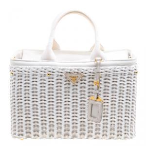 Pre Owned Prada White Midollino and Canvas Large Wicker Shopping Tote