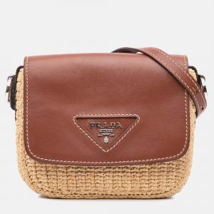 Prada Beige/Brown Raffia Vitello Flap Crossbody Shoulder Bag