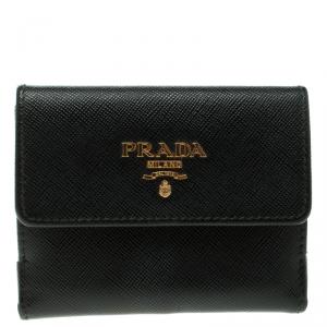 Pre Owned Prada Black Saffiano Leather Coin Compact Wallet